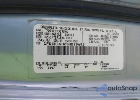 1995 Ford Econoline E150 Van z USA, uszkodzony, nr VIN 1FDEE14H2SHB70695